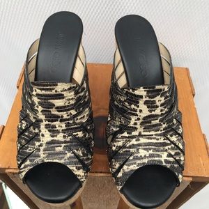 Jimmy Choo, size 39 black & cream wedge slides